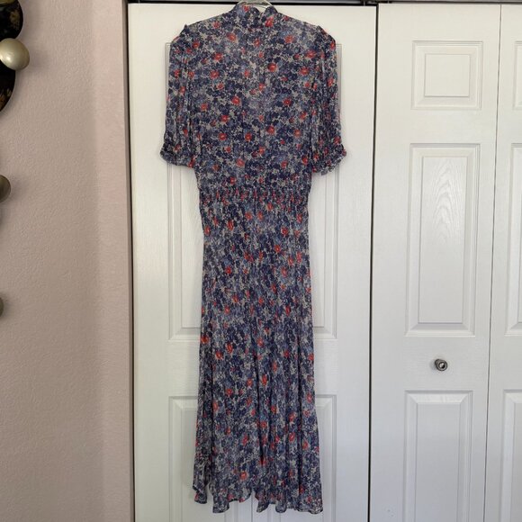 Polo Ralph Lauren Blue Floral Maxi Dress XL Boho-Chic Tie Neck Smocked Waist - Picture 4 of 13